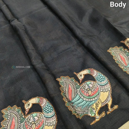 CODE NS24: Black designer premium kota saree with applique work& gold tissue borders(thin& light weight)heavy applique