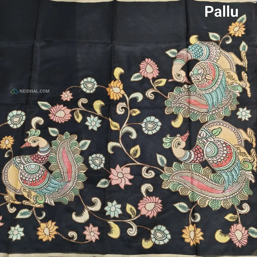 CODE NS24: Black designer premium kota saree with applique work& gold tissue borders(thin& light weight)heavy applique