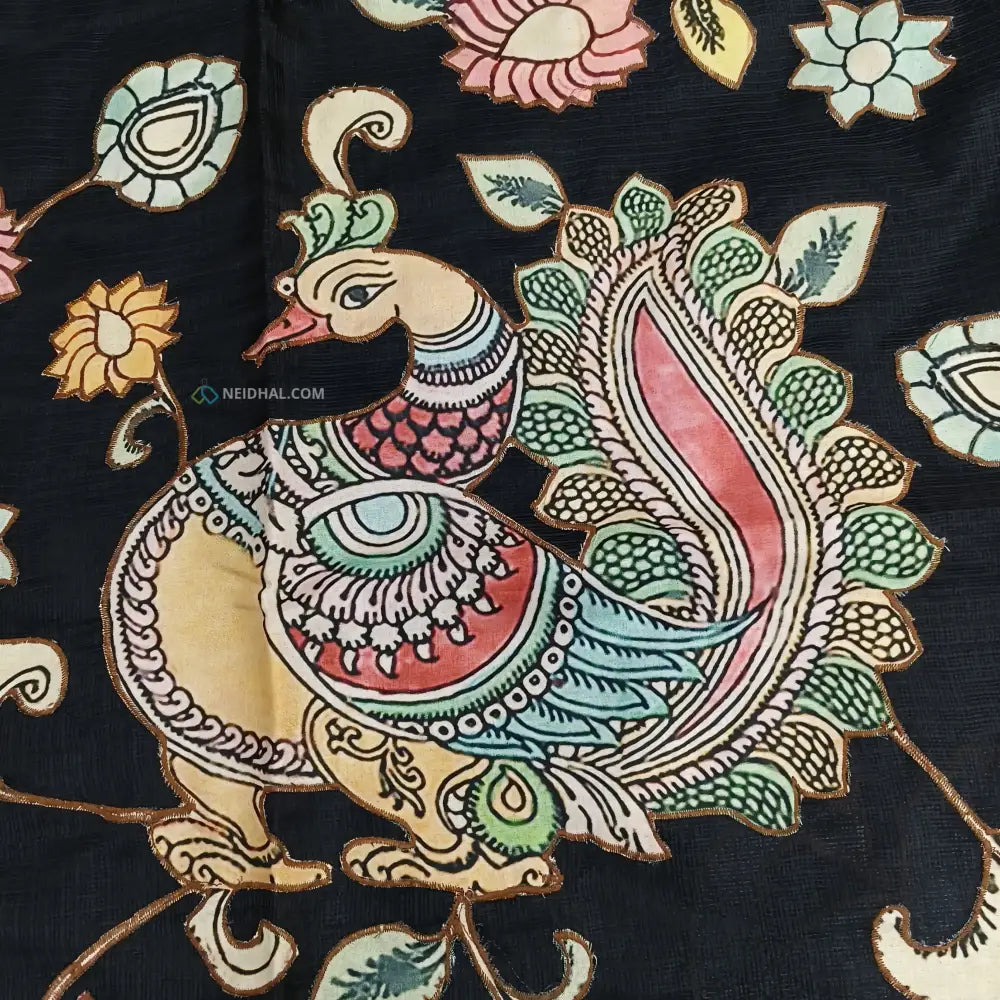 CODE NS24: Black designer premium kota saree with applique work& gold tissue borders(thin& light weight)heavy applique