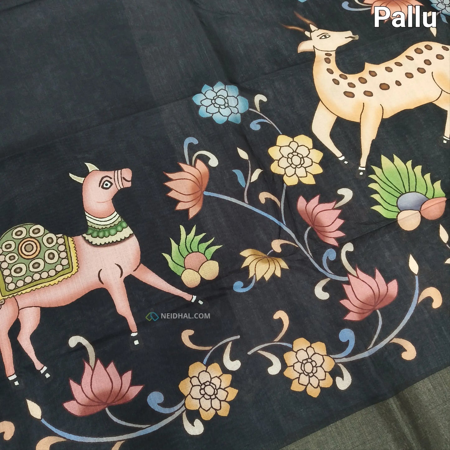 Black Digital Printed Silk Cotton Saree with Gold Tissue Borders | Neidhal