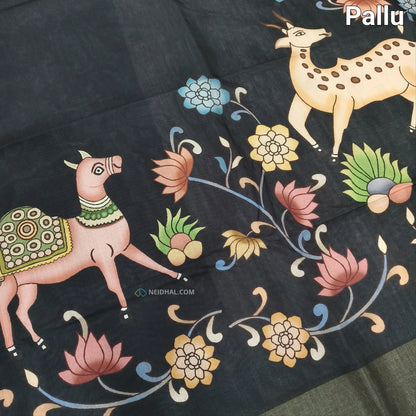 Black Digital Printed Silk Cotton Saree with Gold Tissue Borders | Neidhal