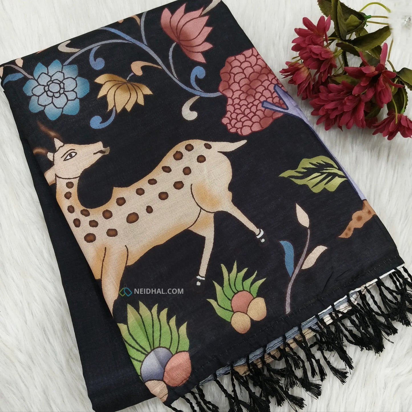 Black Digital Printed Silk Cotton Saree with Gold Tissue Borders | Neidhal