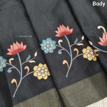 Black Digital Printed Silk Cotton Saree with Gold Tissue Borders | Neidhal