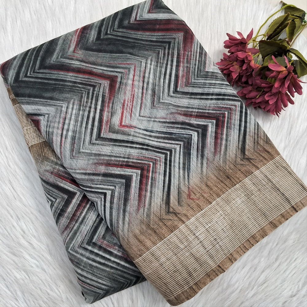 Black grey digital printed slub silk cotton saree ns185-Neidhal