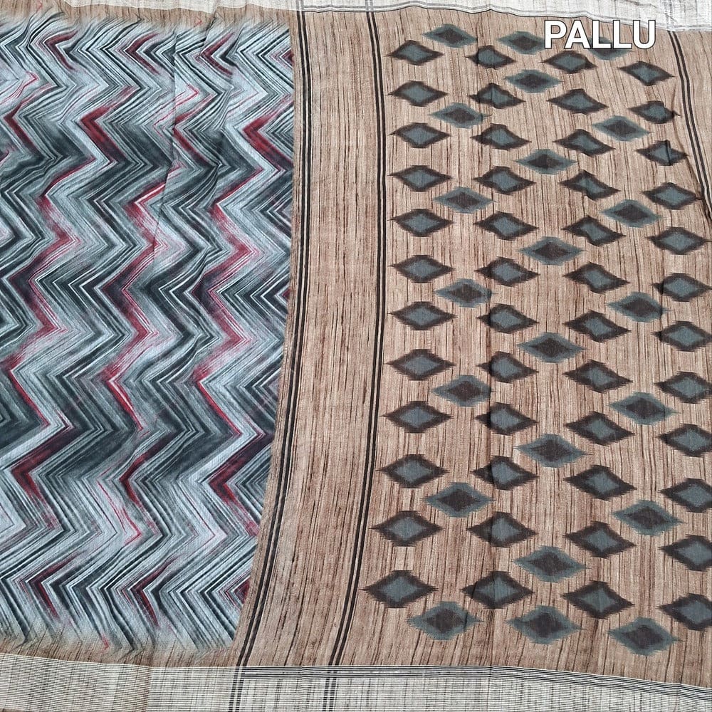 Black grey digital printed slub silk cotton saree ns185-Neidhal