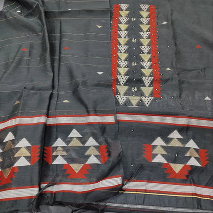 CODE FB250605: Black jamdani woven premium silk cotton unstitched salwar material thread& sequins work on yoke(thin