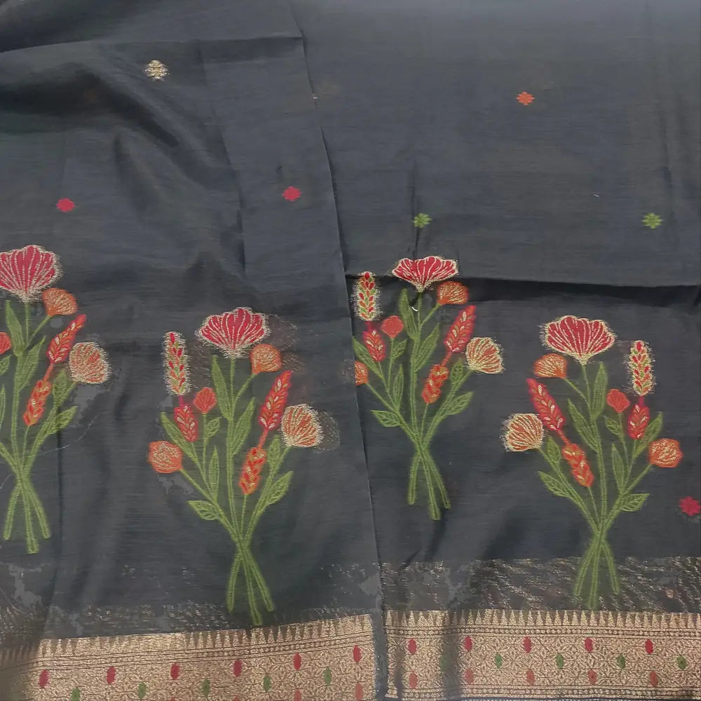 CODE FB250707: Black jamdani woven premium silk cotton unstitched salwar material(thin fabric lining needed)matching