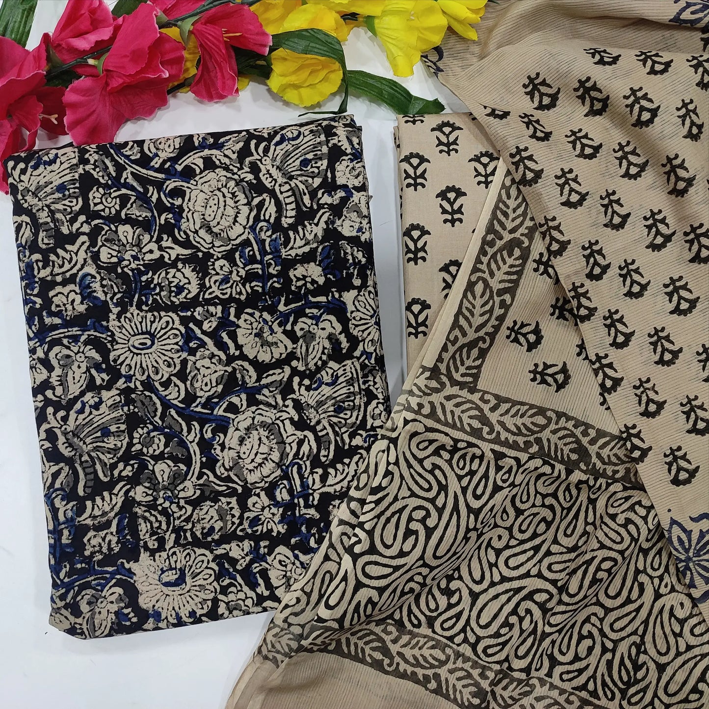Black kalamkari printed cotton salwar material-Neidhal