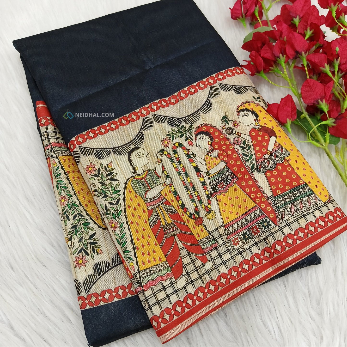 Black Madhubani Silk Saree With Pallu and Blouse | Neidhal