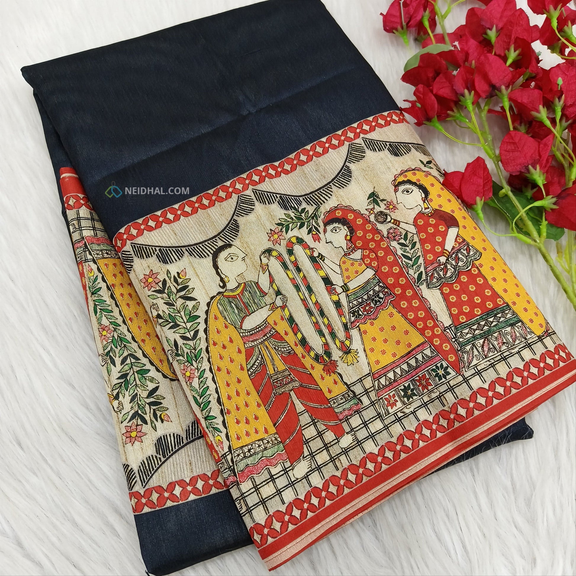 Black Madhubani Silk Saree With Pallu and Blouse | Neidhal