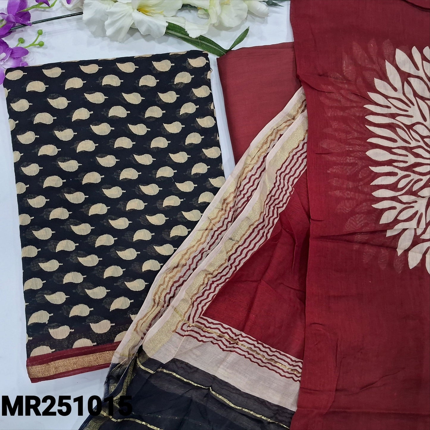 Black printed chanderi silk cotton salwar material mr251015-Neidhal