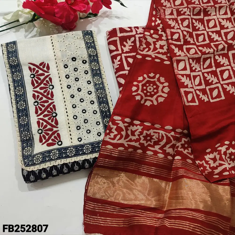 CODE FB252807: Black printed kantha cotton unstitched salwar material real mirror& lace work on yoke(lining