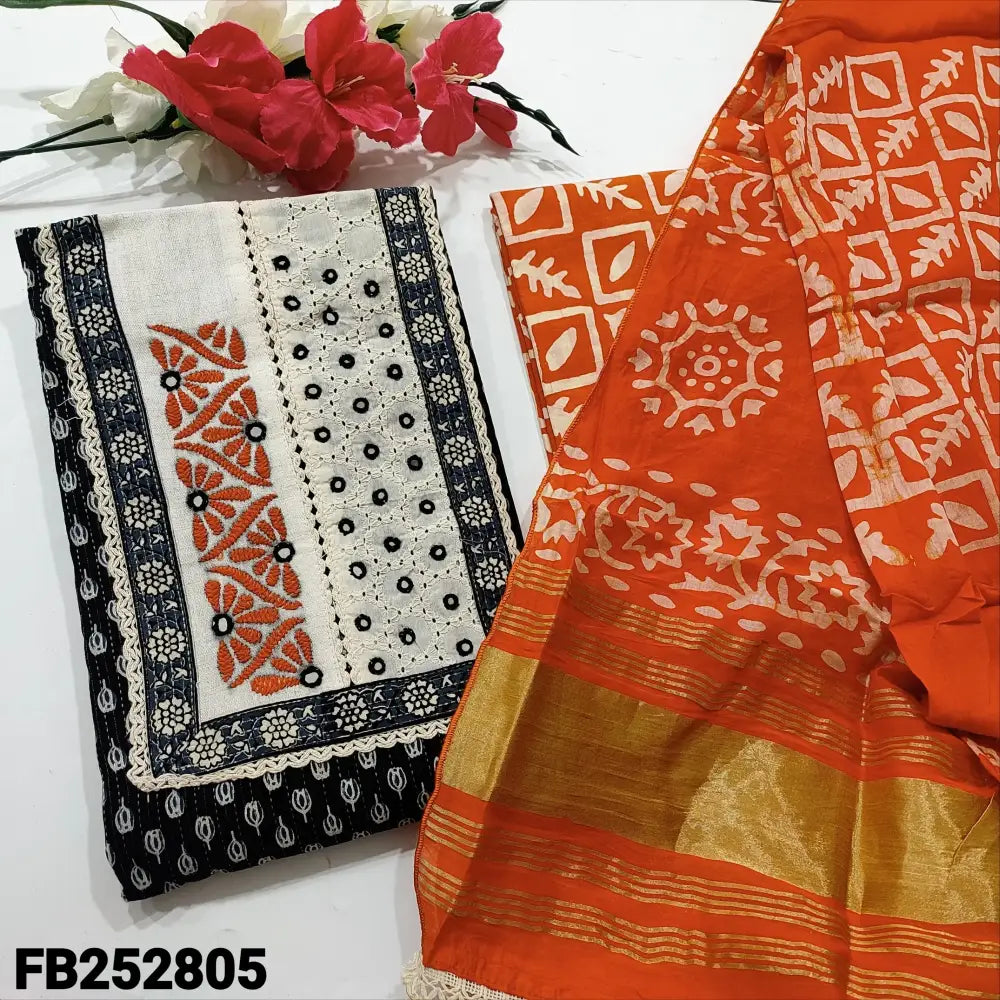 CODE FB252805: Black printed kantha cotton unstitched salwar material real mirror& lace work on yoke(lining