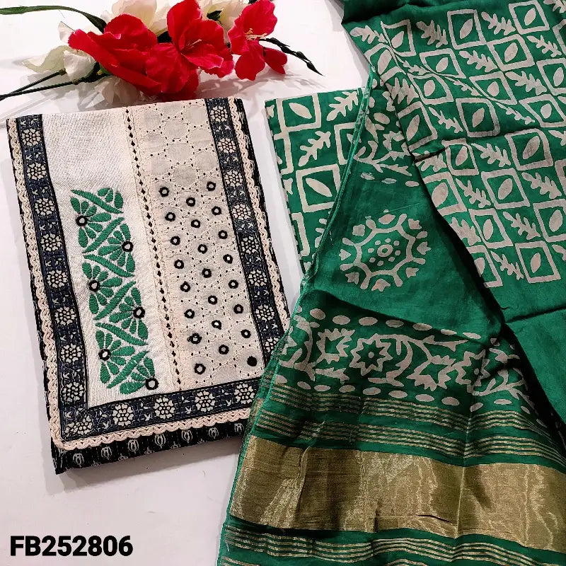 Black printed kantha cotton unstitched salwar material, real mirror and lace work on yoke