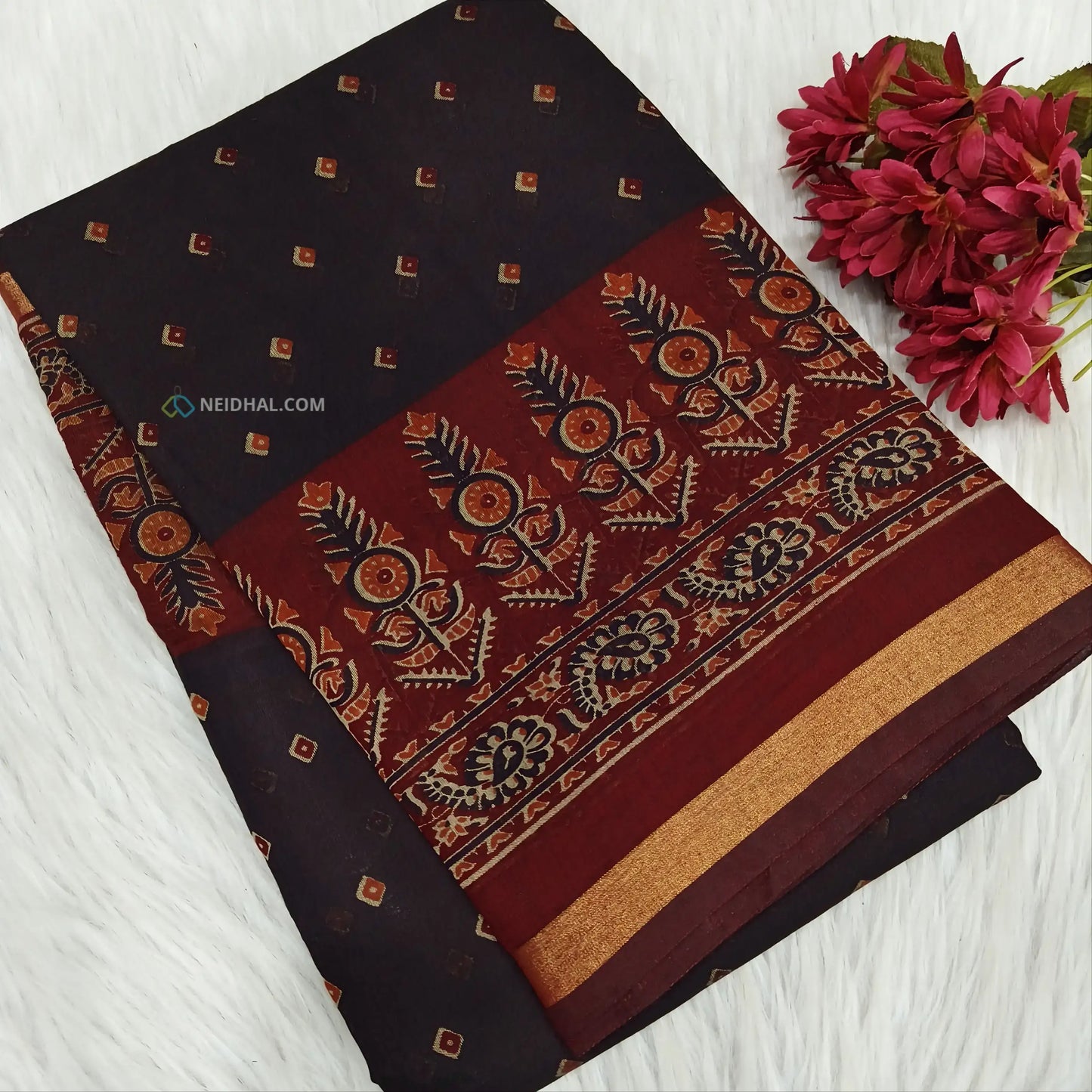 Black printed semi chanderi silk cotton saree ns67-Neidhal