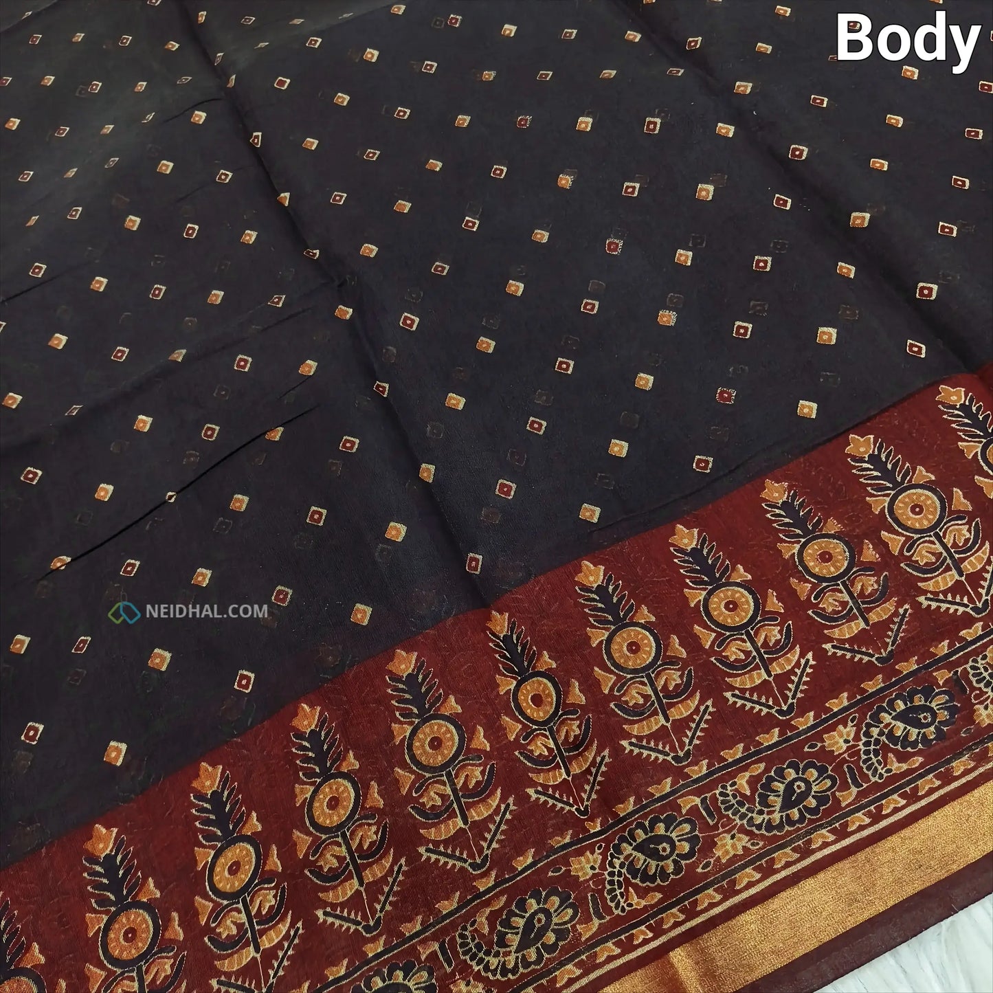 Black printed semi chanderi silk cotton saree ns67-Neidhal