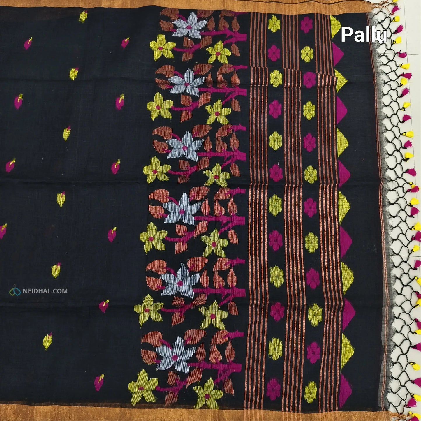 Black Pure Linen Handwoven Saree - Lightweight & Elegant | Neidhal