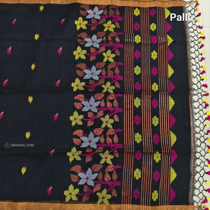 Black Pure Linen Handwoven Saree - Lightweight & Elegant | Neidhal