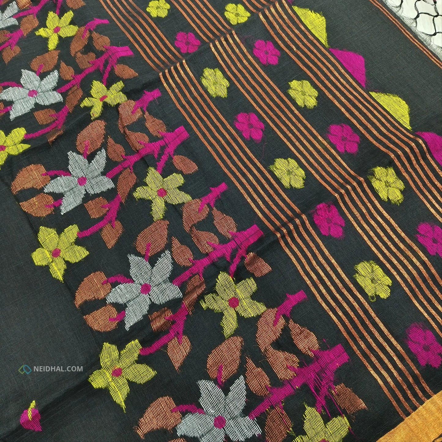 Black Pure Linen Handwoven Saree - Lightweight & Elegant | Neidhal