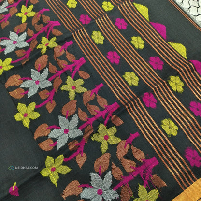 Black Pure Linen Handwoven Saree - Lightweight & Elegant | Neidhal