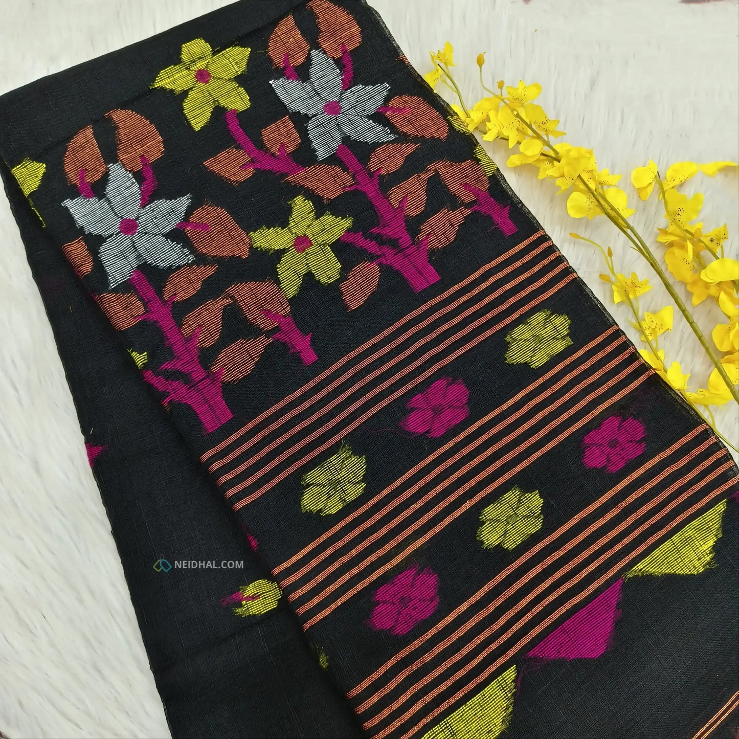 Black Pure Linen Handwoven Saree - Lightweight & Elegant | Neidhal