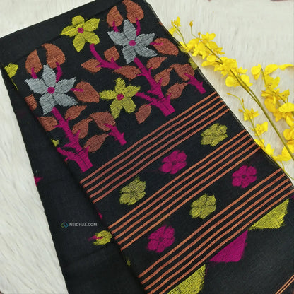 Black Pure Linen Handwoven Saree - Lightweight & Elegant | Neidhal