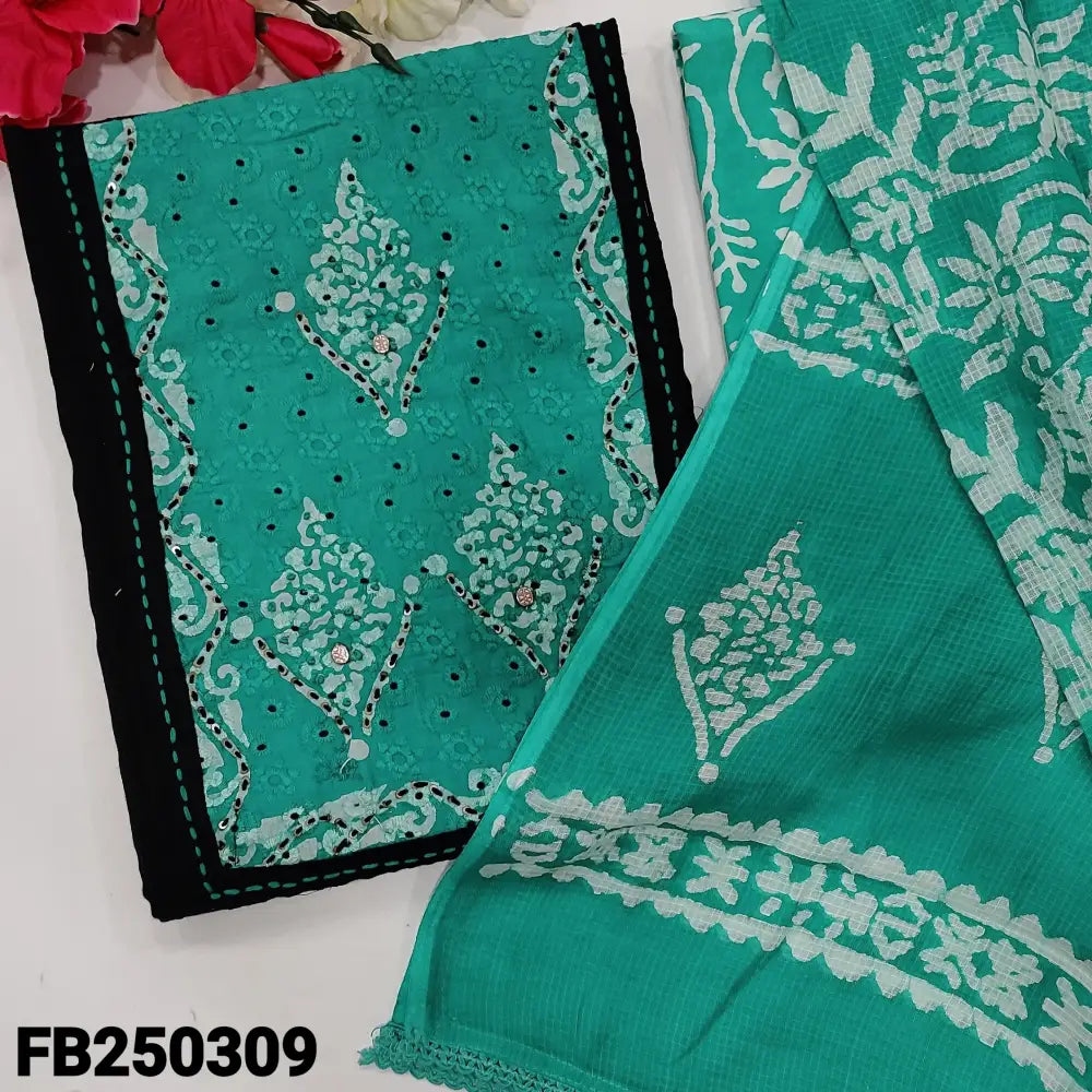 CODE FB250309: Black schiffli embroidered pure cotton unstitched salwar material(lining needed)turquoise green batik