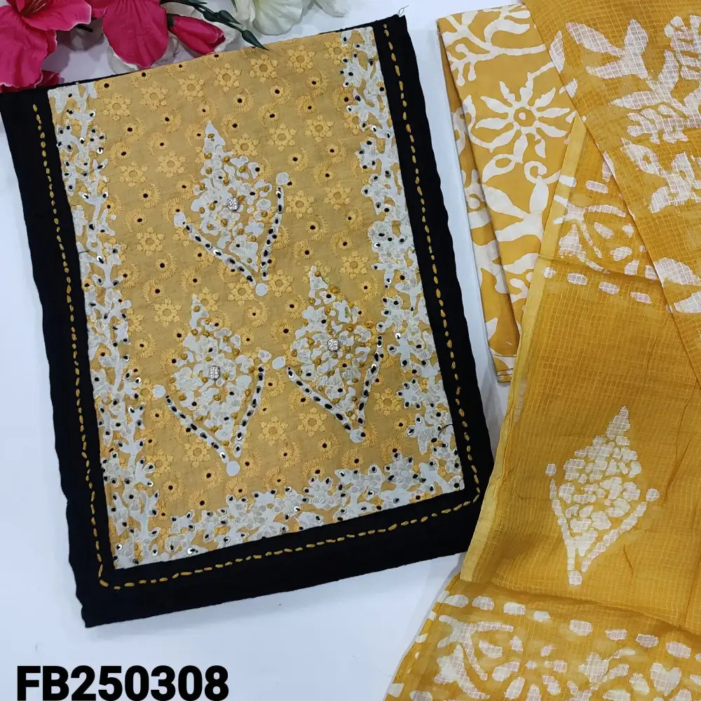 CODE FB250308: Black schiffli embroidered pure cotton unstitched salwar material(lining needed)yellow batik dyed pure