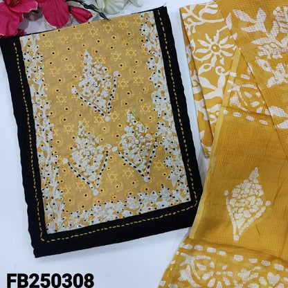 CODE FB250308: Black schiffli embroidered pure cotton unstitched salwar material(lining needed)yellow batik dyed pure