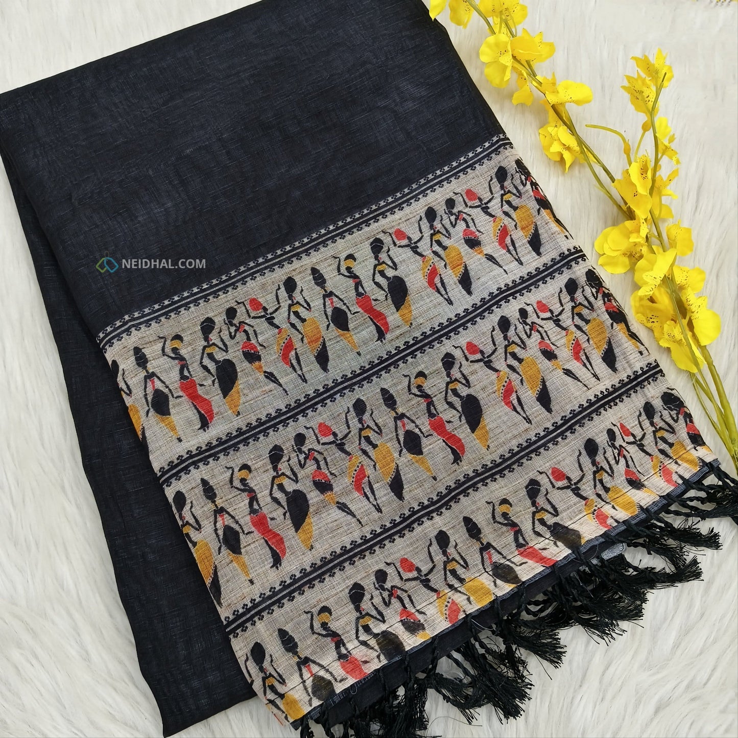 Black semi linen saree ns57-Neidhal