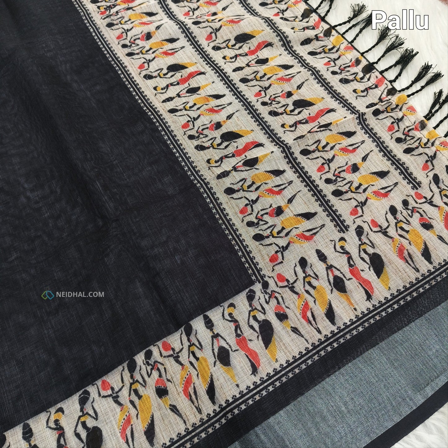 Black semi linen saree ns57-Neidhal