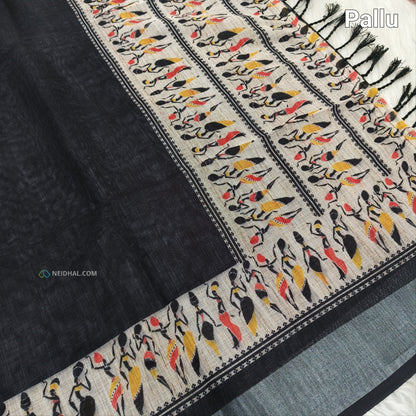 Black semi linen saree ns57-Neidhal