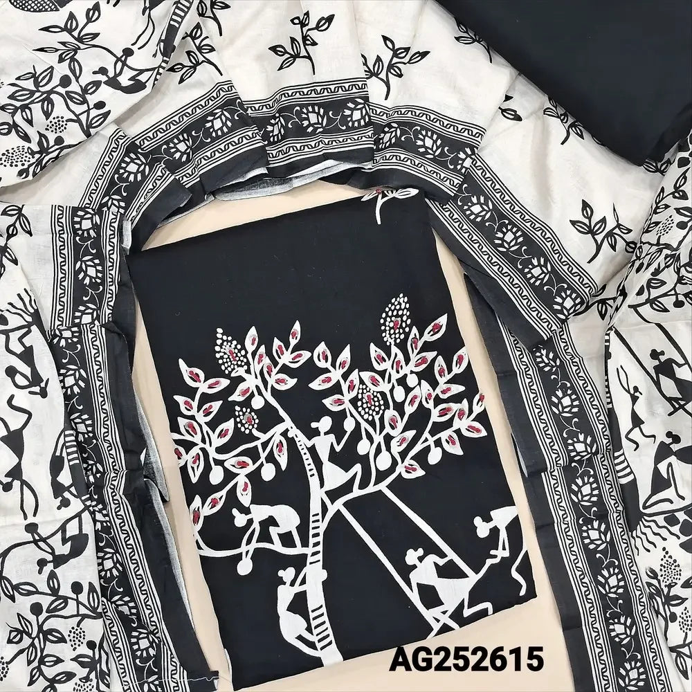 Black warli printed satin cotton salwar material ag252615 Neidhal