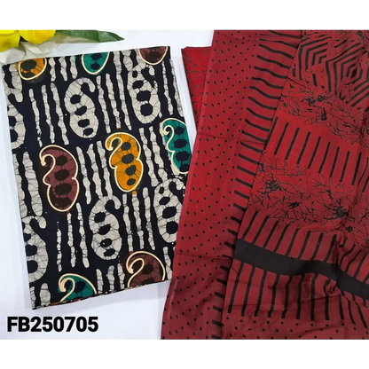 CODE FB250705: Black original wax batik dyed pure cotton unstitched salwar material(lining needed)red batik printed