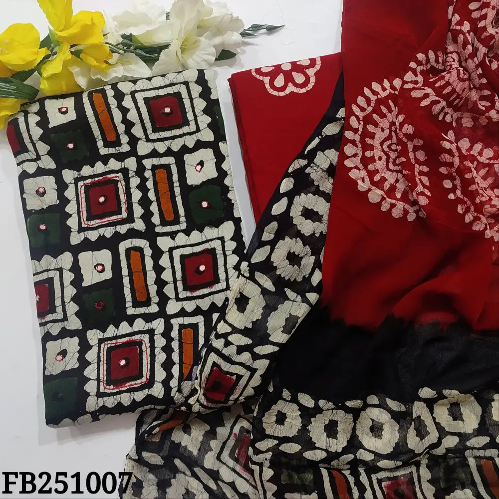 CODE FB251007: Black original wax batik dyed premium soft cotton unstitched salwar material thread& faux mirror work