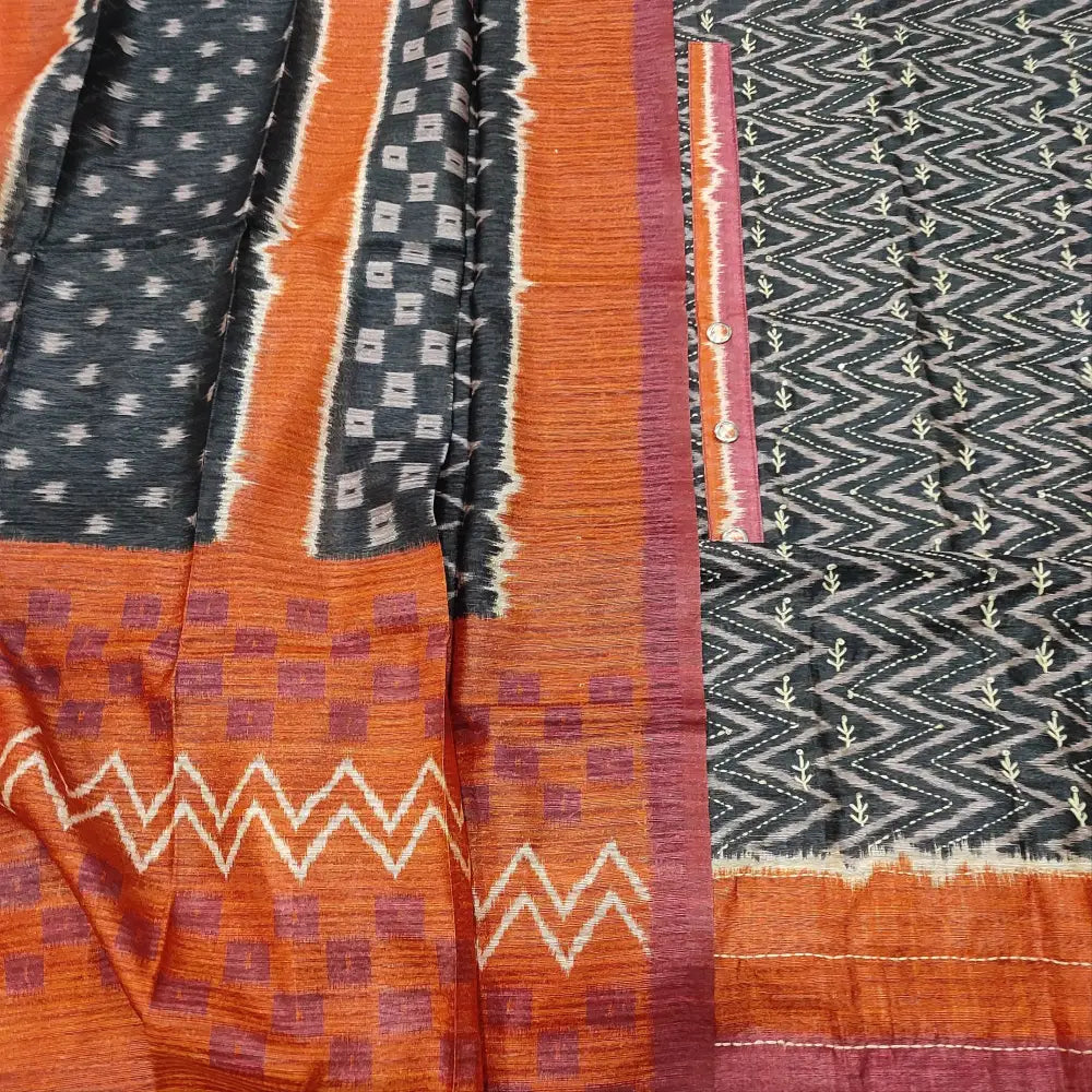 CODE FB252601: Black base designer zigzag printed premium jute silk unstitched salwar material hand embroidered