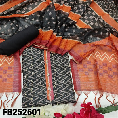 CODE FB252601: Black base designer zigzag printed premium jute silk unstitched salwar material hand embroidered