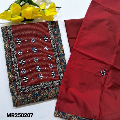 CODE MR250207: Blue base ajrak block printed pure cotton unstitched salwar material kantha stitch& real mirror work