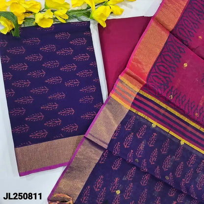 Blue block printed fancy silk cotton salwar material jl250811-Neidhal