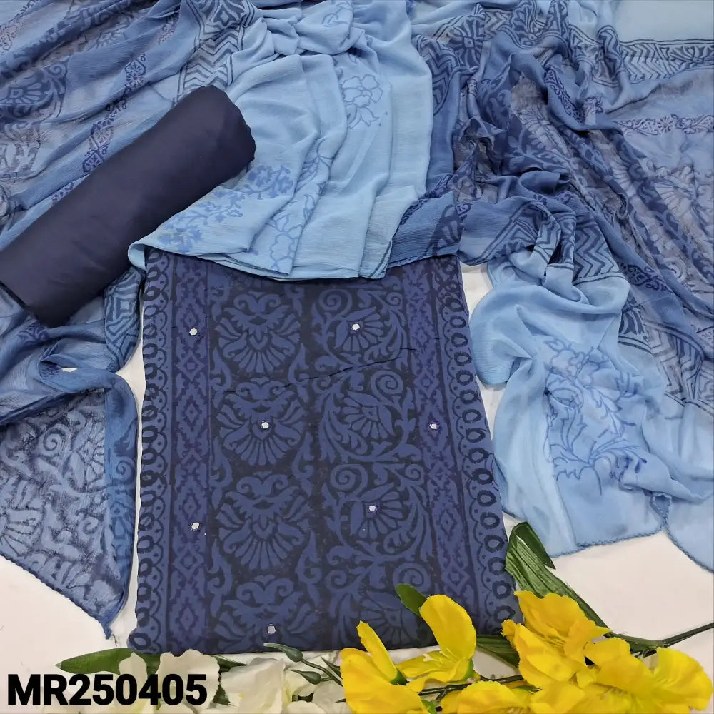 CODE MR250405: Dark &light blue block printed semi georgette unstitched salwar material,(thin lining needed)matching