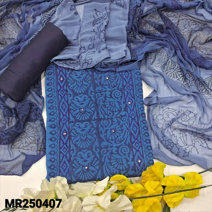 CODE MR250407: Dark blue& light bluish grey block printed semi georgette unstitched salwar material,(thin lining