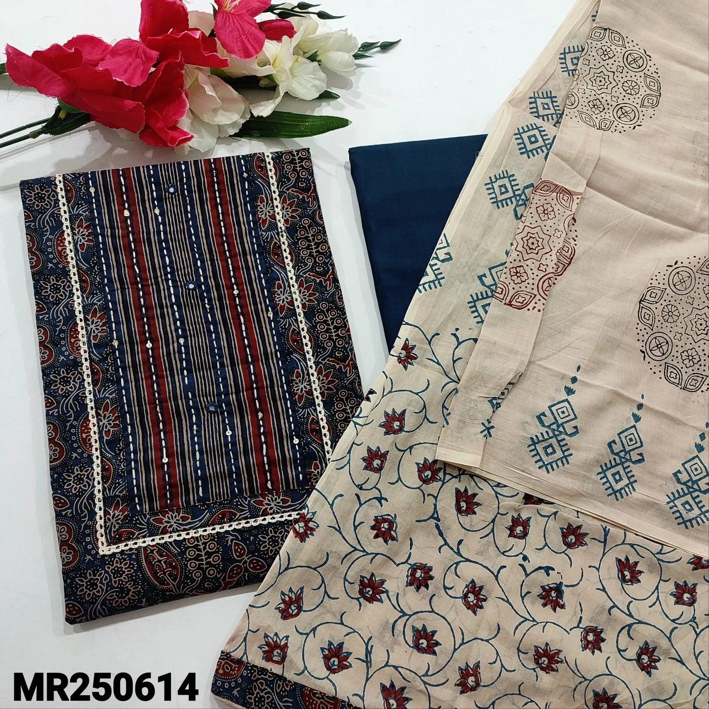 Blue Block Printed Soft Cotton Salwar Material Set - Mirror Work | Neidhal
