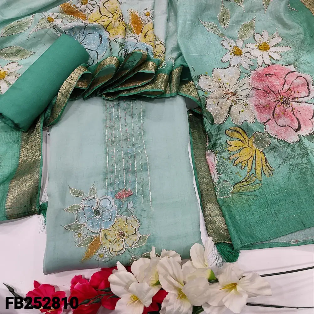 CODE FB252810: Light &dark dual shaded blue digital printed pure organza unstitched salwar material kantha stitch& bead