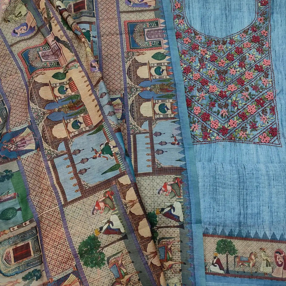 CODE FB252716: Blue digital printed silk cotton unstitched salwar material rich hand embroidered on yoke(thin fabric