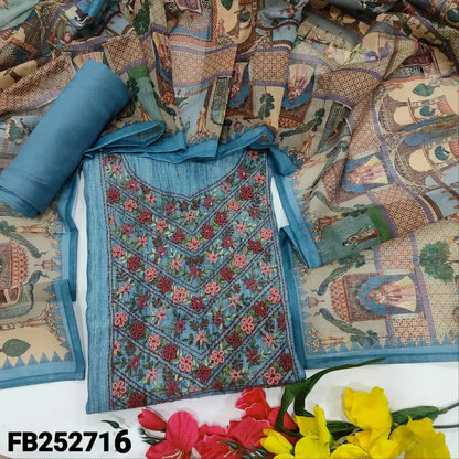 CODE FB252716: Blue digital printed silk cotton unstitched salwar material rich hand embroidered on yoke(thin fabric