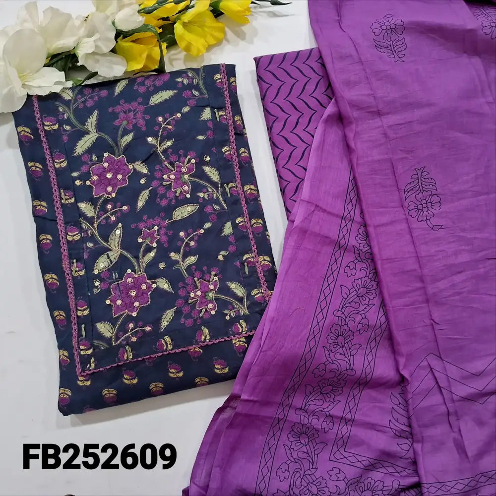 CODE FB252609: Dark blue floral printed pure cotton unstitched salwar material zari& sequins work on yoke(lining