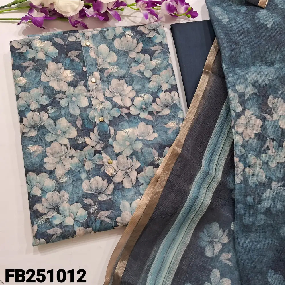 CODE FB251012: Dark blue floral printed fancy kota silk cotton unstitched salwar material fancy buttons on yoke zari