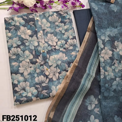 CODE FB251012: Dark blue floral printed fancy kota silk cotton unstitched salwar material fancy buttons on yoke zari