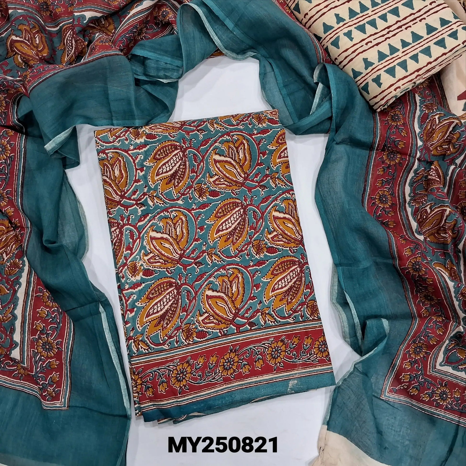 Blue kalamkari block printed cotton salwar material my250821-Neidhal