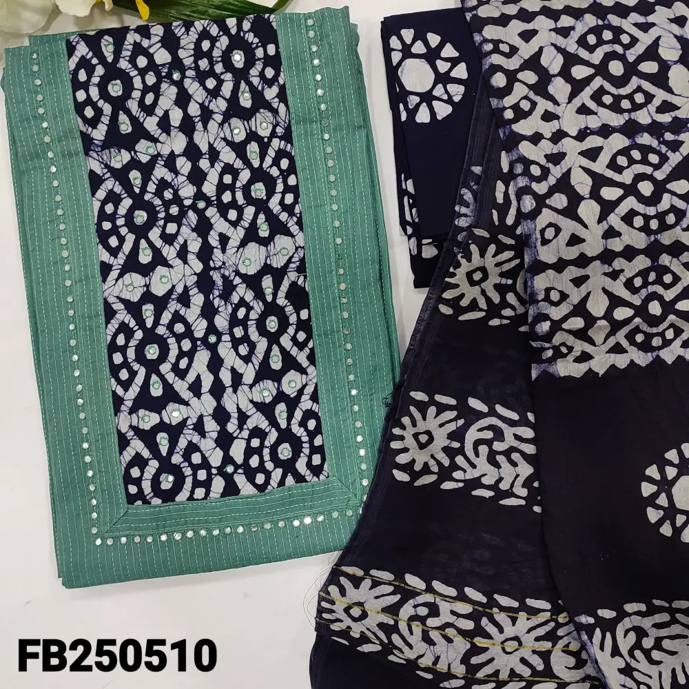 CODE FB250510: Light blue kantha cotton unstitched salwar material batik dyed yoke with faux mirror work (lining